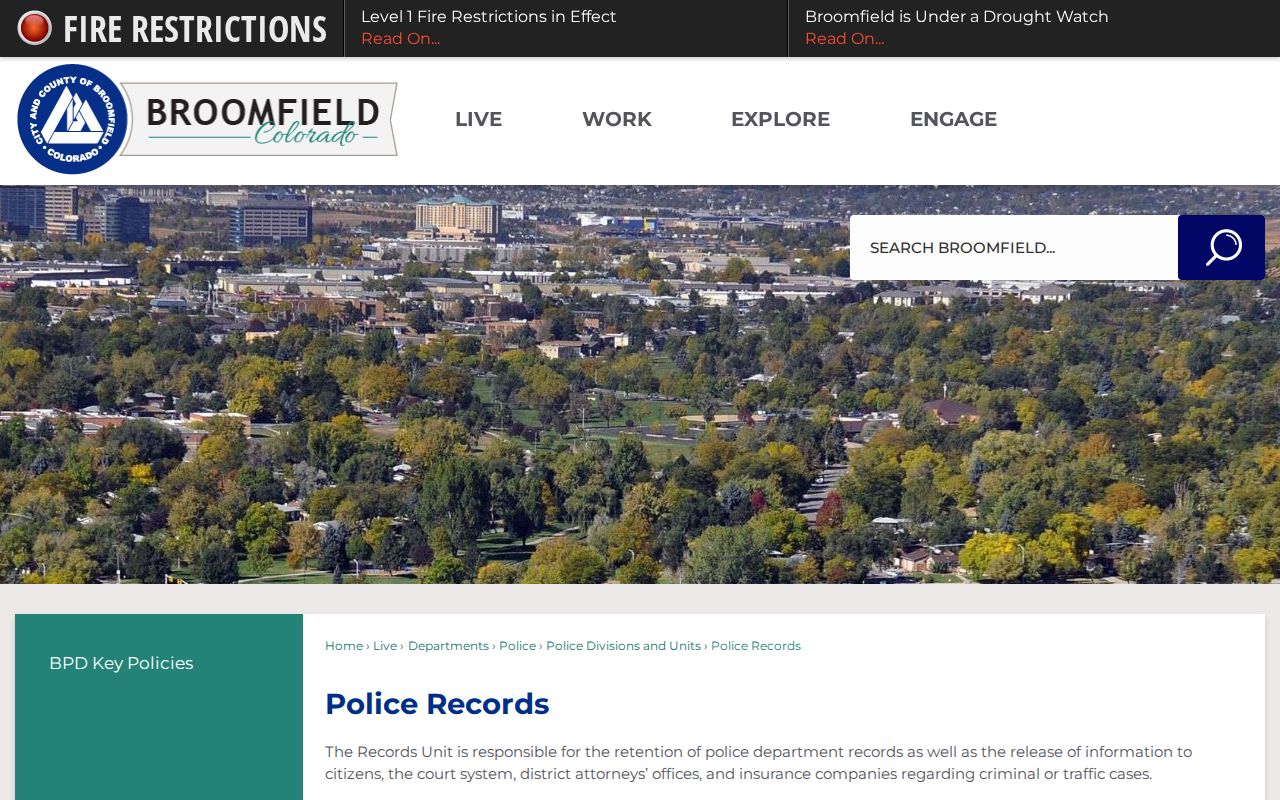 Broomfield County booking record and mugshot request page