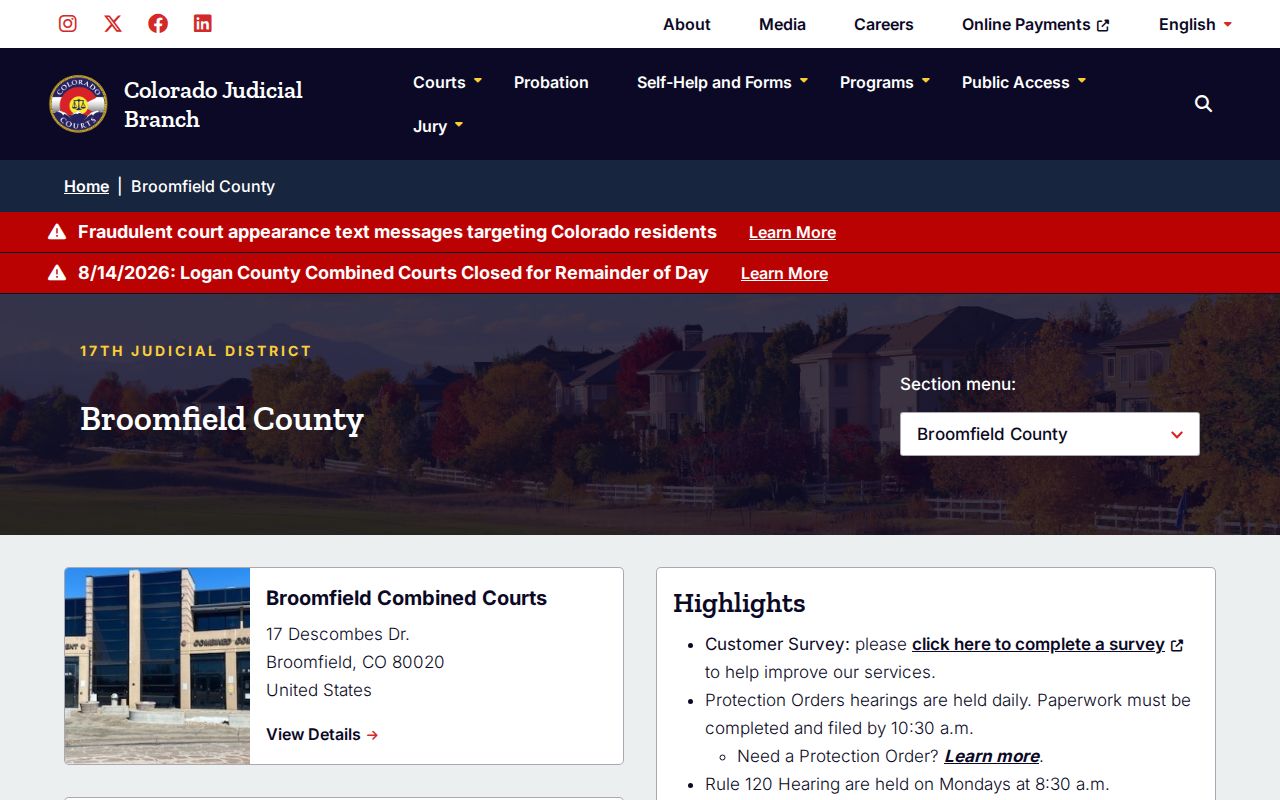 Broomfield County court booking charge and disposition search